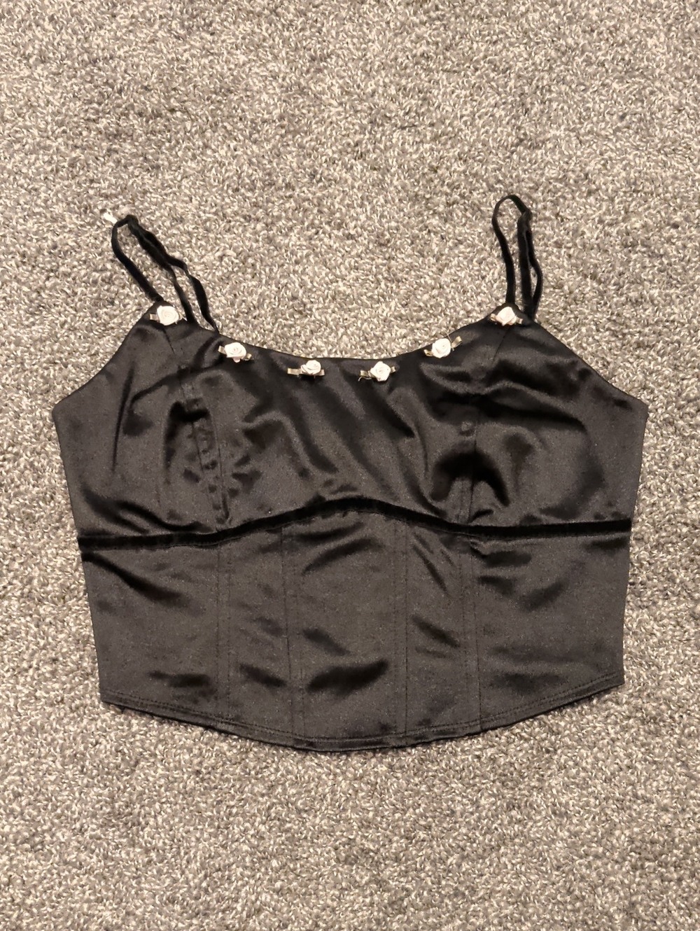 wild fable black satin effect rose embroidered cropped cami tank top